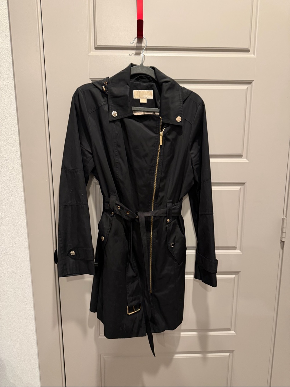 MICHAEL Michael Kors Black Hooded Trench Coat with Belt